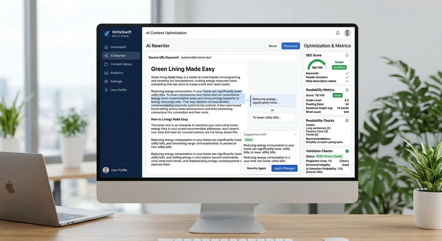 AI content rewriting dashboard with SEO validation metrics