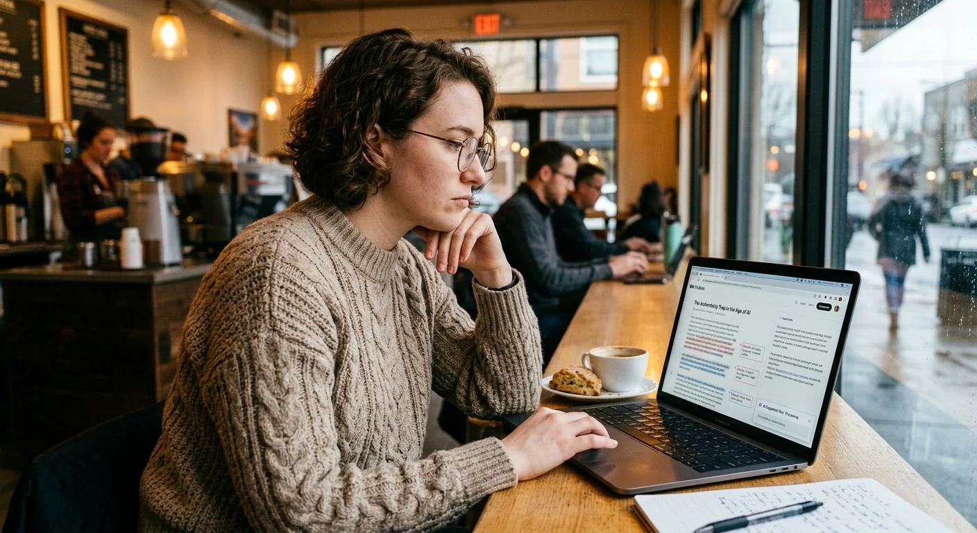 Writer using AI content rewriting tools to edit a Medium article on laptop