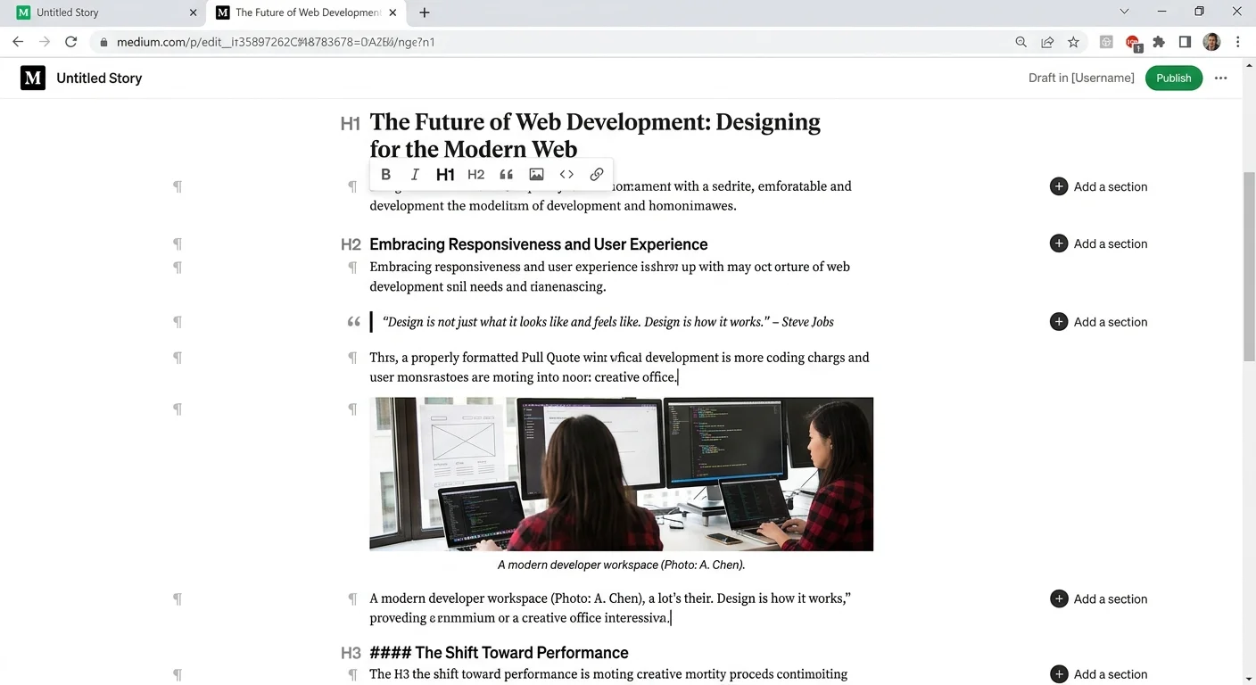 Medium editor with optimized formatting for a rewritten article